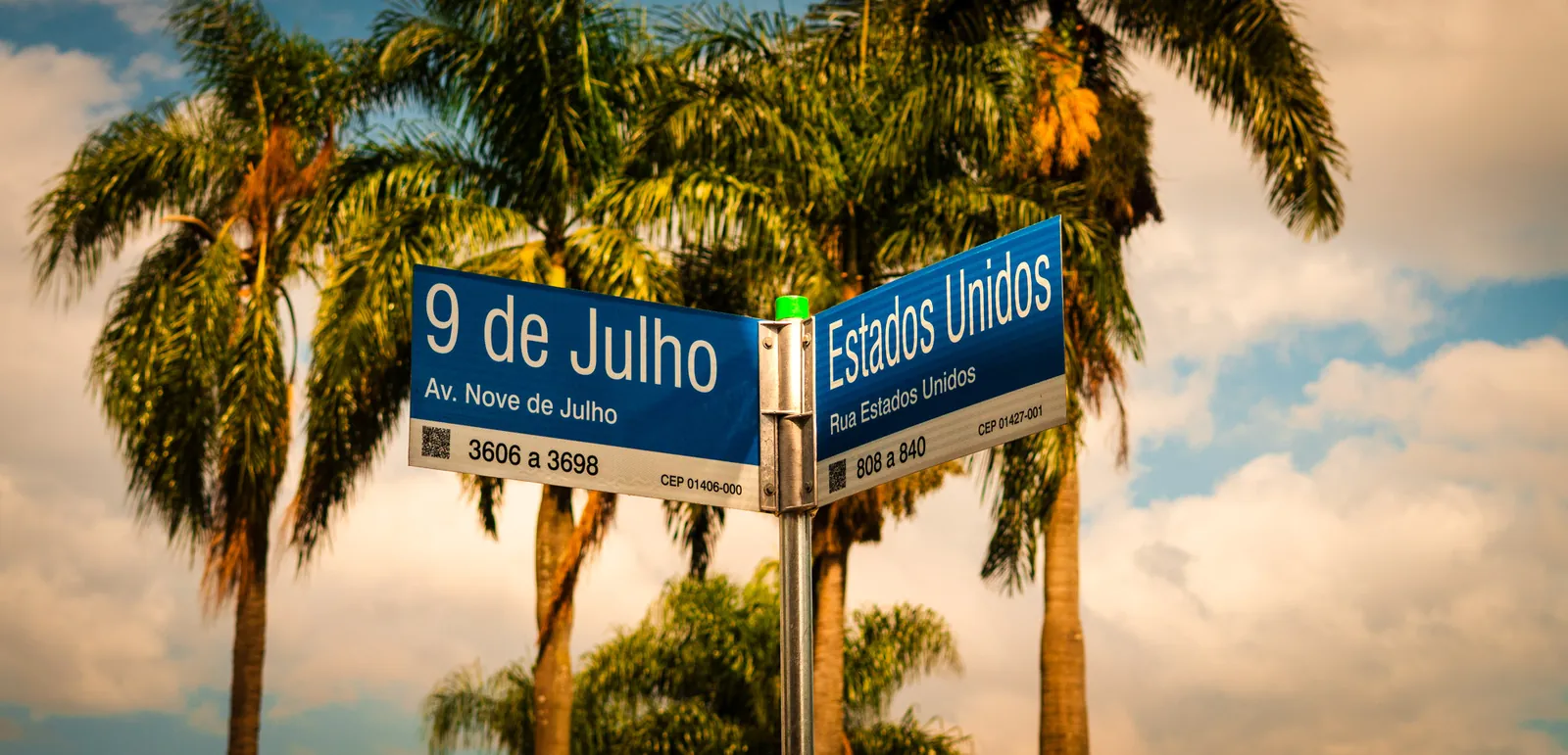 Placa das ruas Nove de Julho e Estados Unidos entre palmeiras